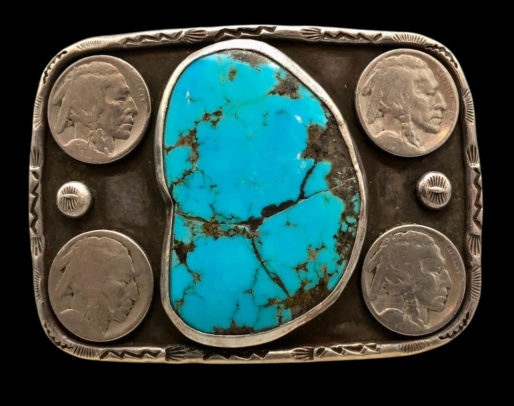 Sterling Silver And Turquoise Belt Buckle With Buffalo Nickels: Offered here for your consideration is the sterling silver and turquoise belt buckle with buffalo nickels. This piece features a large turquoise cabochon set in a smooth silver bezel accented with fou