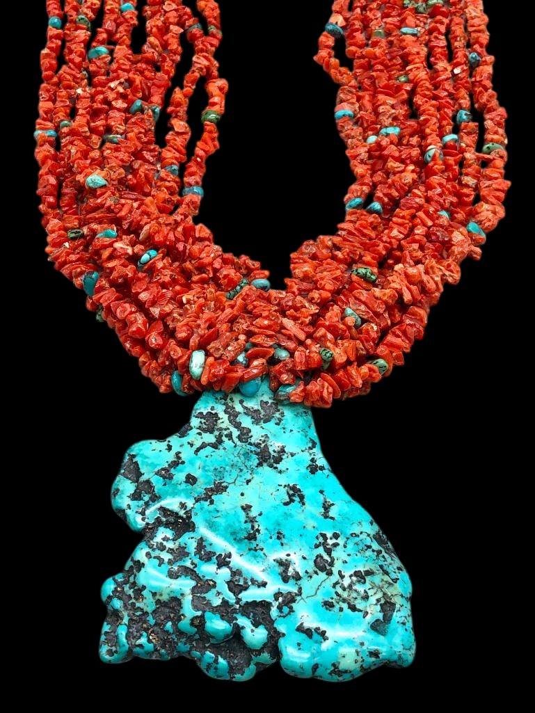 Nine Strand Coral, Turquoise And Heishi Necklace With Large Turquoise Pendant (1 of 14)