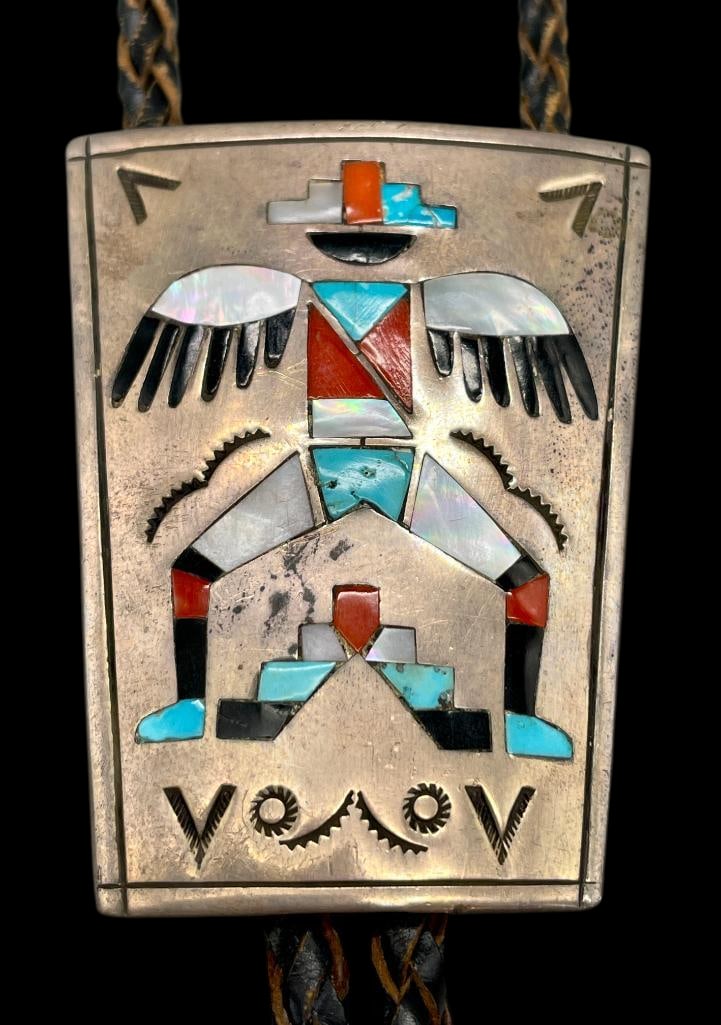 Circa 1950s Zuni Knifewing Inlay And Sterling Silver Bolo With Fancy Tips (1 of 16)