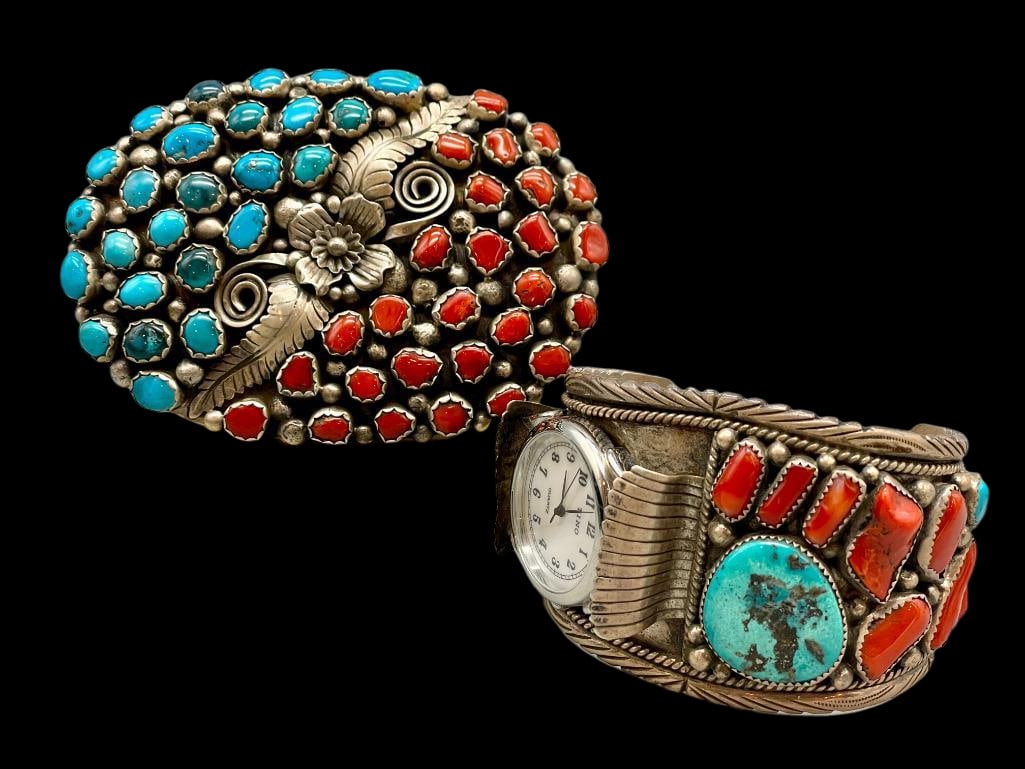 Vintage Sterling Silver, Turquoise, And Coral Buckle And Watch Cuff Bracelet (1 of 13)