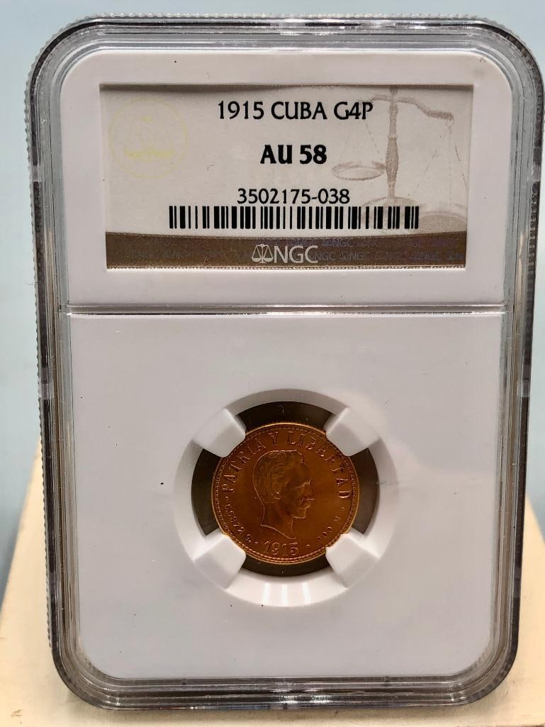 1915 Cuba Cuatro (four) Pesos Gold Coin AU 58 - 2