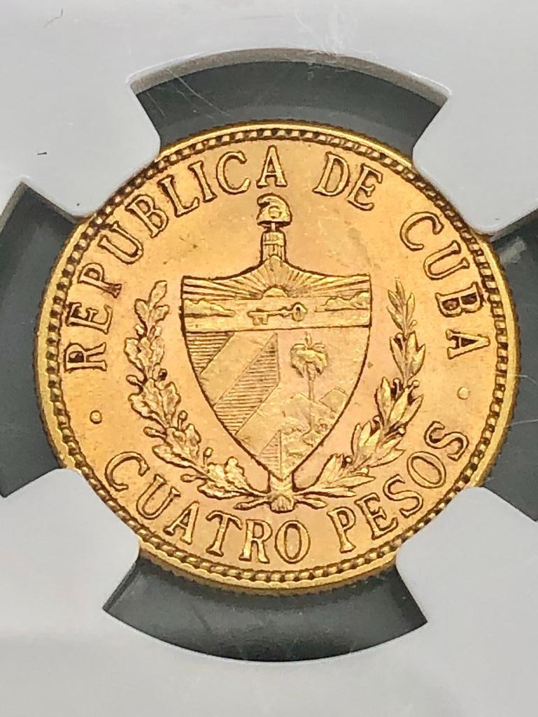 1915 Cuba Cuatro (four) Pesos Gold Coin AU 58 - 4
