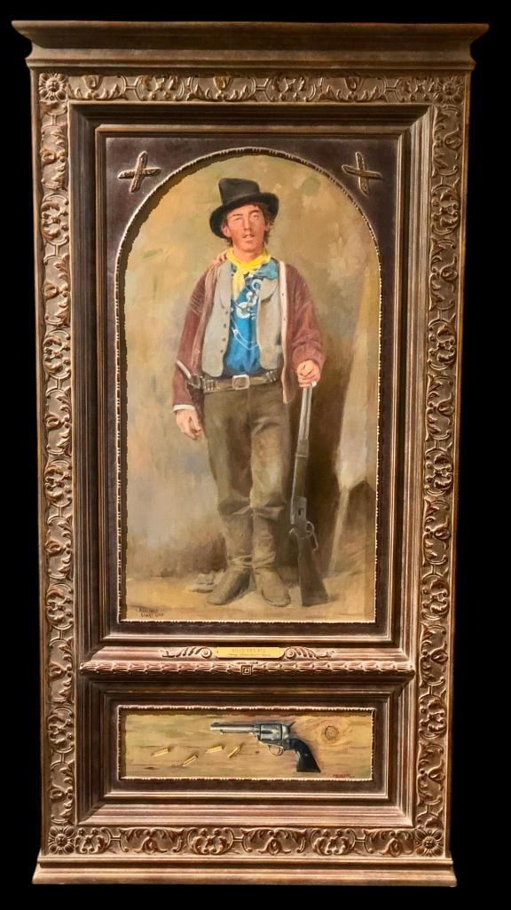 “Billy The Kid?? A Large Specialty Framed Oil On Canvas By Sherry Blanchard Stuart: Offered here for your consideration is a large specialty framed oil on canvas titled “Billy The Kid” by Sherry Blanchard Stuart. The painting depicts a standing figure of Billy the Kid holding