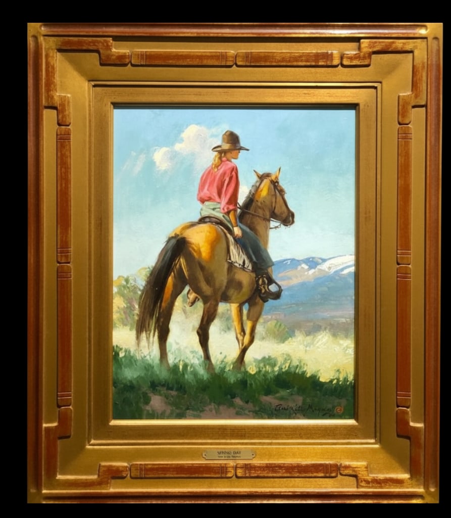 “Spring Day?? Original Oil On Board By Terri Kelly Moyers: Offered here for your consideration is an original oil painting on board titled “Spring Day” by Terri Kelly Moyers. The artwork depicts a rider on horseback in a landscape with mountains in th