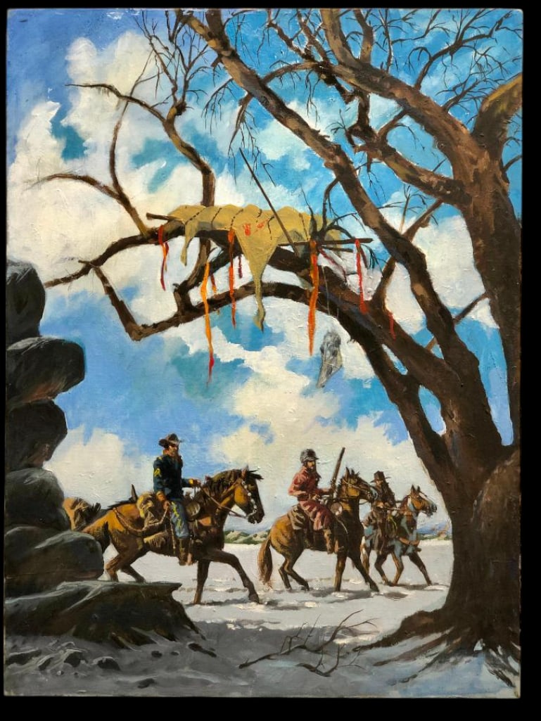 Silent Patrol an Original Oil On Canvas By Hank Richter - Unsigned: Offered here for your consideration is an original oil painting on canvas titled “Silent Patrol” by Hank Richter - unsigned, but from the estate of Hank Richter. The painting depicts a group o