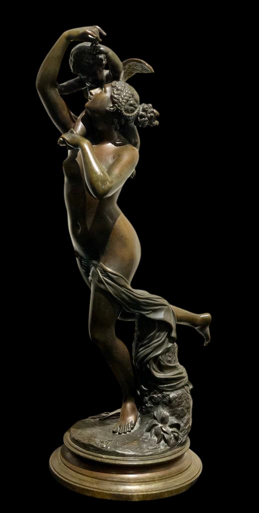 Circa 1880s French Bronze Statue By Charles Auguste Fraikin: Offered here for your consideration is a circa 1880s French bronze statue By Charles Auguste Franklin titled "L'Amour Captif". This graceful flowing statue captures the moment a young woma