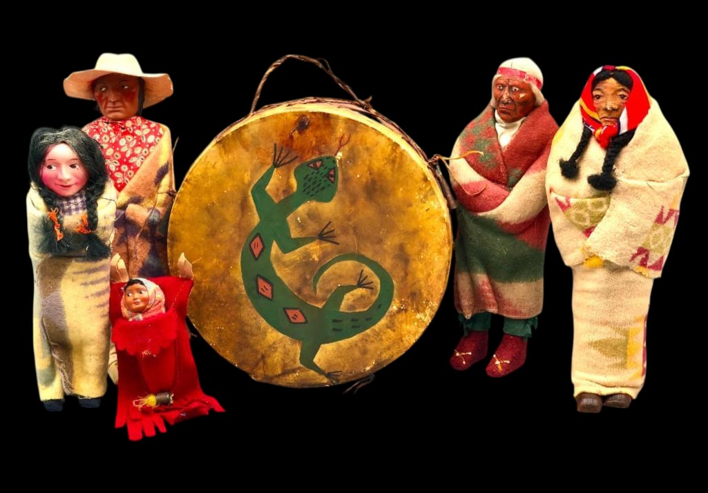 Five Vintage Skookum Dolls With Painted Rawhide Drum (1 of 19)