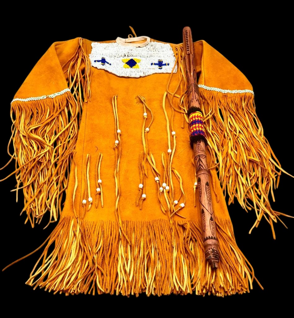 Leather Beaded Child's Dress with Carved Dance Stick (1 of 19)