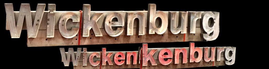 Very Large Vintage Neon Light Metal "Wickenburg" Sign.: Offered here for your consideration is a very large vintage neon "Wickenburg" sign. This was once a part of Wickenburg, Arizona history. This piece showcases metal letters that was once lumina