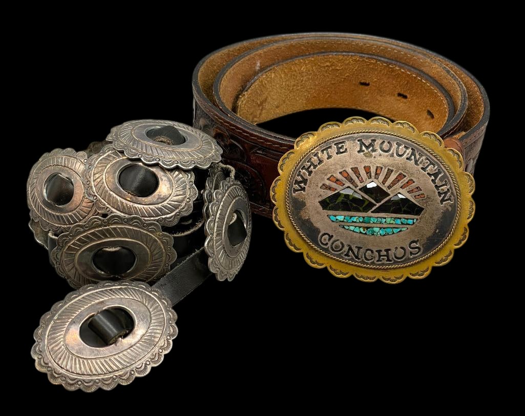 Vintage Sterling Silver Concho Belt For Her And Robert Yellowhair Buckle With Leather Belt For Him (1 of 18)