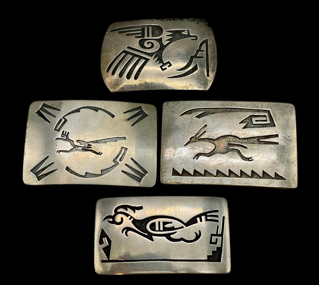 Four Roadrunner And Eagle Themed Buckles: For your bidding pleasure are four roadrunner and eagle themed buckles. These buckles each feature an intricate overlay design of a roadrunner or eagle accented by darkened silver backgrounds. Etched
