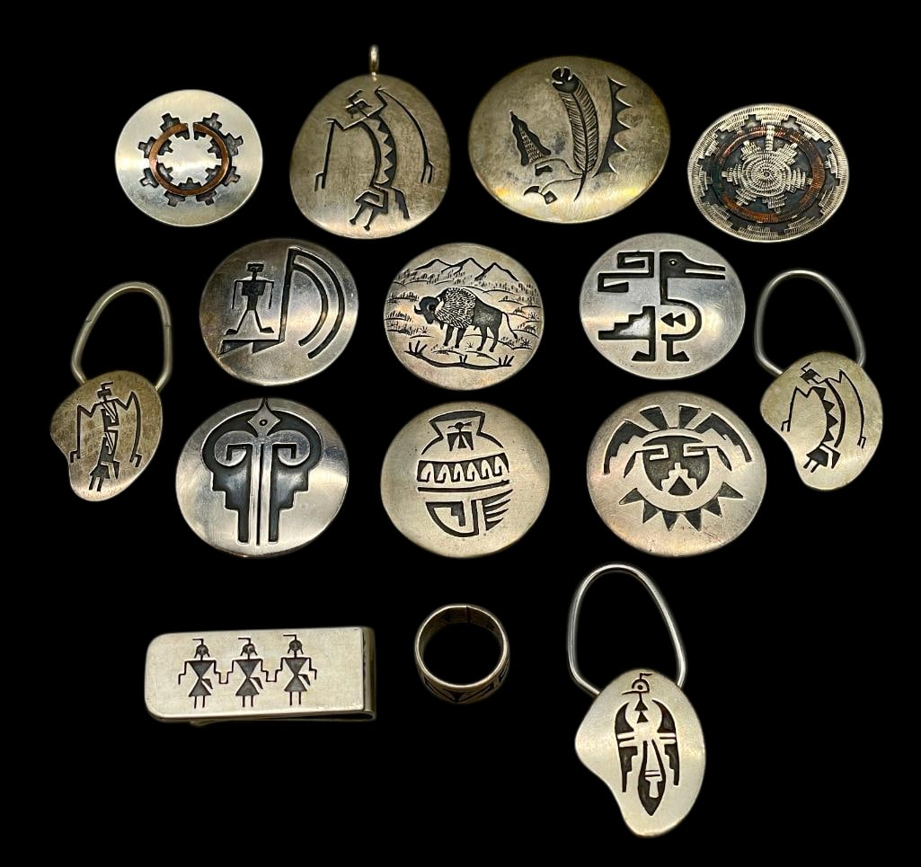 15 Sterling Silver Pieces With Overlay Designs By Willie A. Yazzie Sr.: Offered here for your consideration are 15 sterling silver overlay style pieces by Willie Yazzie Sr. This group includes three key fobs, a money clip, a ring, four round pins and six pin/pendants. The