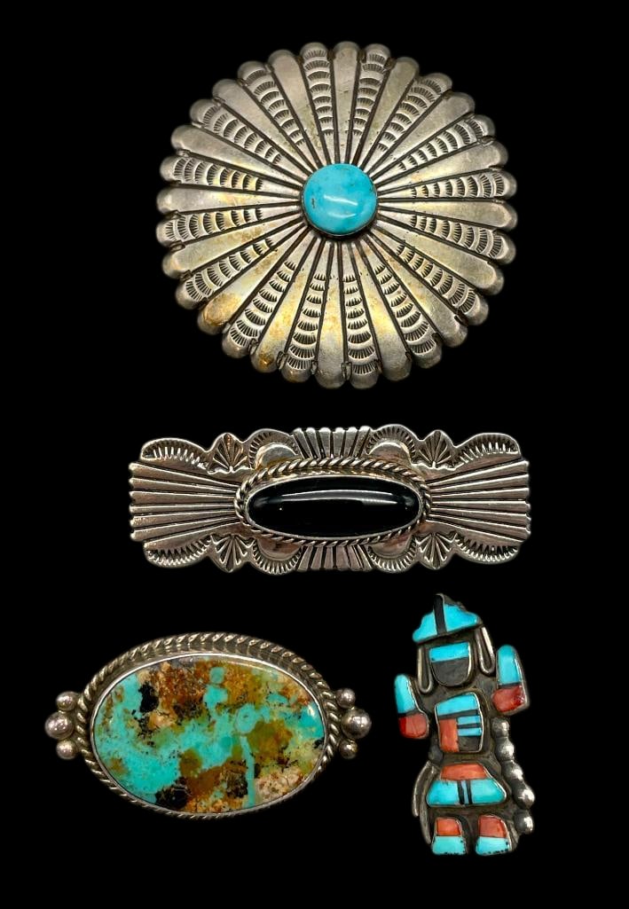Four Nice Sterling Silver Pins With Stones: Offered here for your consideration are four nice sterling silver pins with stones. The first pin features a round flower like design with a central turquoise cabochon surrounded by hand stamped patte