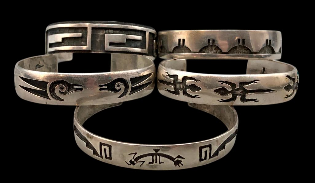 Five Smaller Size Sterling Silver Overlay Style Bracelets: For your bidding pleasure are five smaller sized sterling overlay style bracelets. Each piece features a different overlay design accented by darkened backgrounds on sterling silver cuffs. Motifs incl