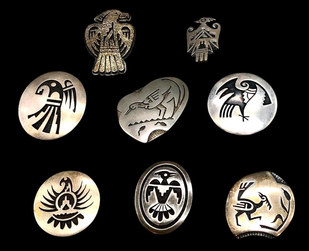 Eight Bird Theme Sterling Silver Hopi Overlay Pins (1 of 10)
