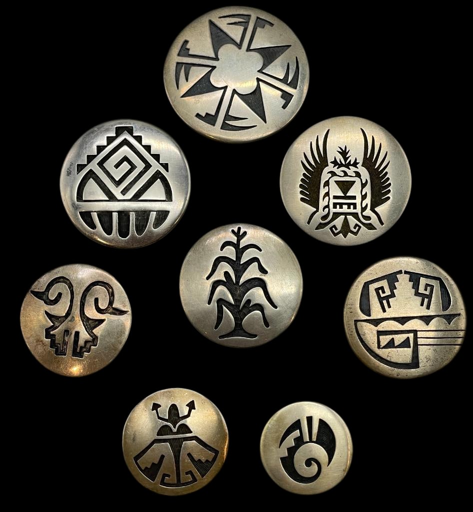 Eight Sterling Silver Overlay Style Pins - Hopi: Offered here for your consideration are eight sterling silver overlay style pins - Hopi. These pieces feature a variety of designs including corn stalk and geometrics. Accenting the designs are darken
