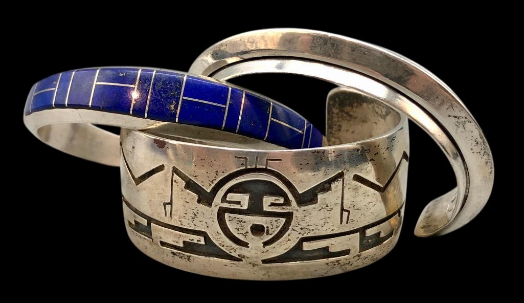 Three Sterling Silver Bracelets - Two Navajo And One Pueblo (1 of 15)