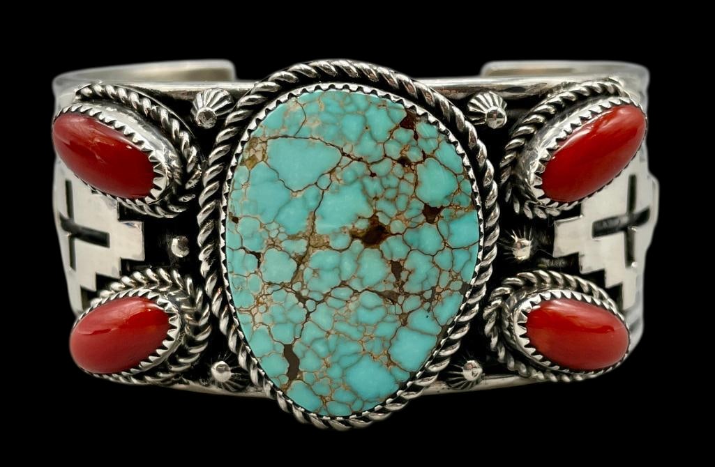 Hefty Lone Mountain Turquoise And Coral Sterling Silver Bracelet (1 of 10)