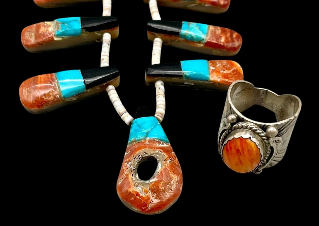 Vintage Pueblo Tab Necklace With A Spiny Oyster Sterling Silver Ring: Presented here for your consideration is a vintage Pueblo tab necklace with a spiny oyster sterling silver ring. The necklace features shell tab pendants accented with a turquoise, coral and jet mosai