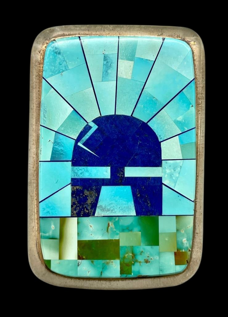 Inlay Turquoise And Lapis Ring By Calvin Desson: Presented here for your consideration is an inlay turquoise and lapis ring by Calvin Desson. This piece features a mosaic inlay depicting a figure, crafted from Carico and Kingman turquoise and lapis.
