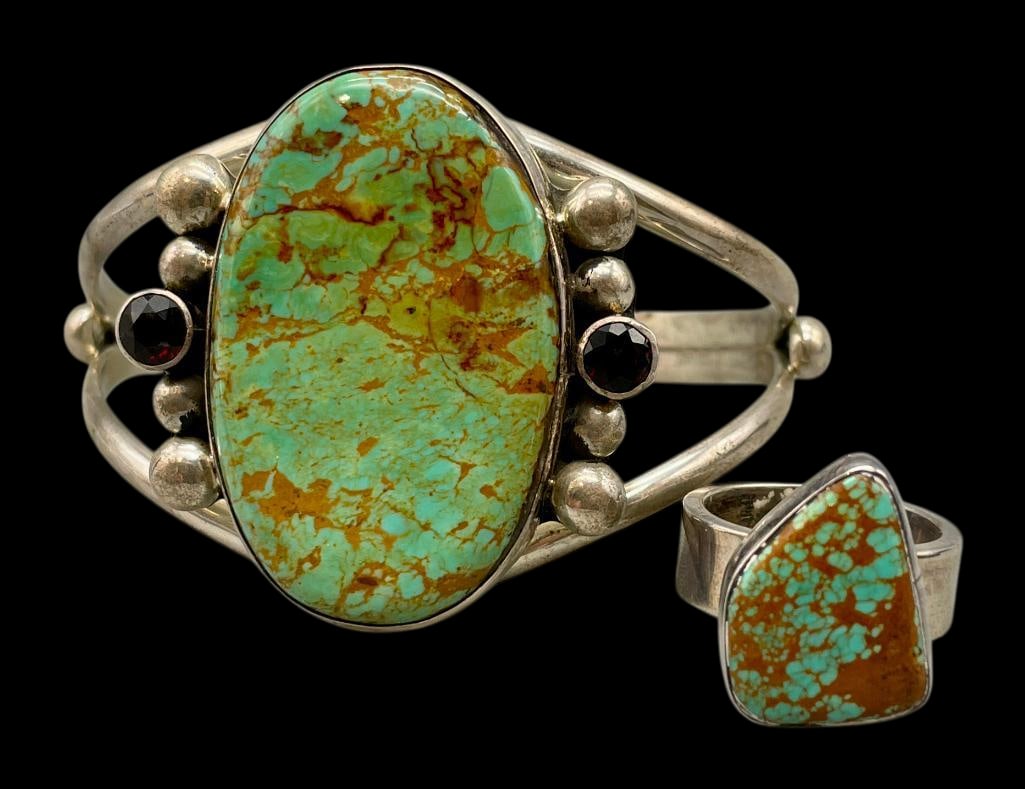 Green Turquoise Ring And Bracelet With Garnets (1 of 12)