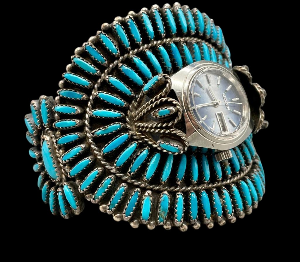 Turquoise And Sterling Silver Needlepoint Cluster Watch Bracelet: Presented here for your consideration is a turquoise and sterling silver needlepoint cluster watch bracelet. This piece features numerous needlepoint turquoise cabochons set in sawtooth silver bezels.