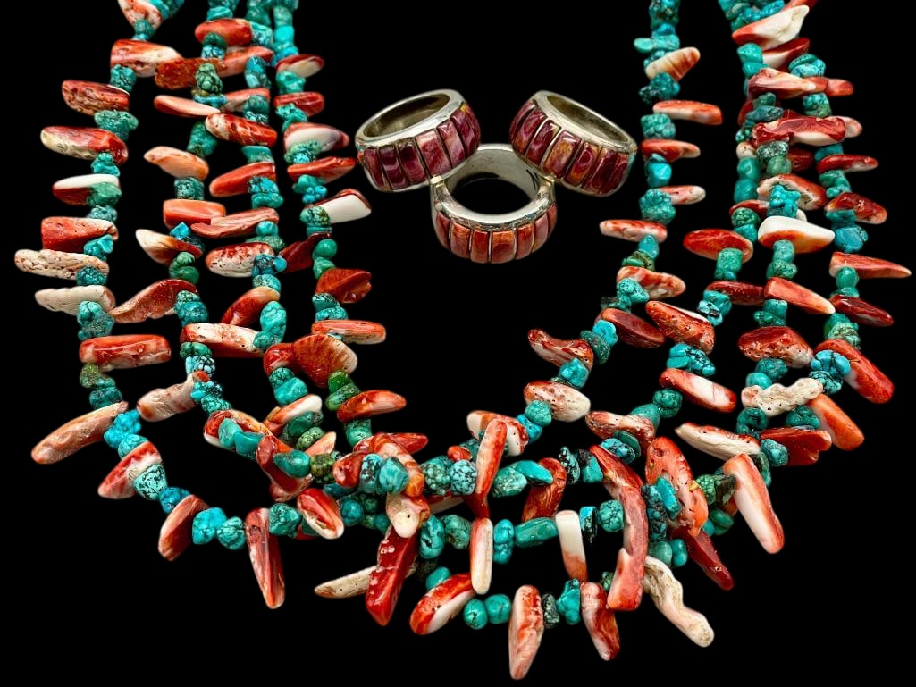 Turquoise And Spiny Oyster Necklace With Three Spiny Oyster Rings (1 of 16)