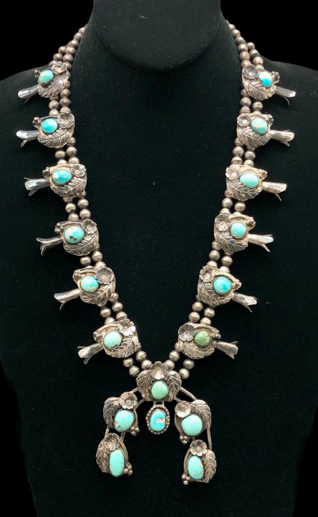 Vintage Sterling Silver And Turquoise Squash Blossom Necklace (1 of 16)