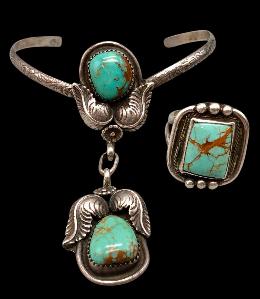 Green Turquoise And Sterling Silver Bracelet And Ring (1 of 10)