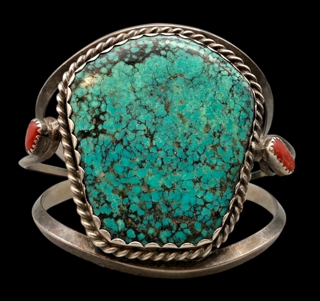 Webbed Turquoise, Coral And Sterling Silver Bracelet (1 of 9)