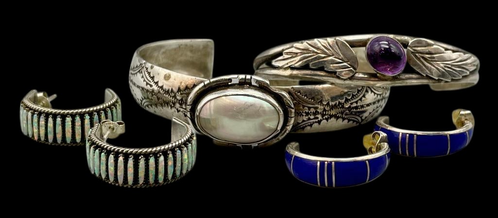 Two Sterling Silver Bracelets With Two Pairs Of Earrings With Various Stones (1 of 11)