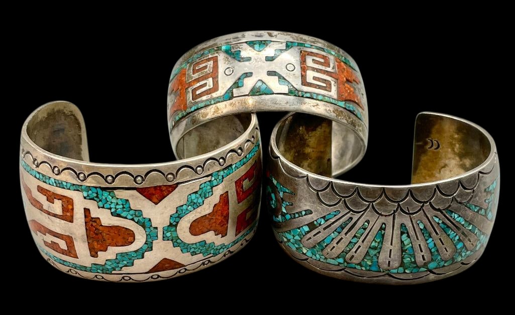 Three Vintage Turquoise And Coral Chip Inlay Bracelets (1 of 15)