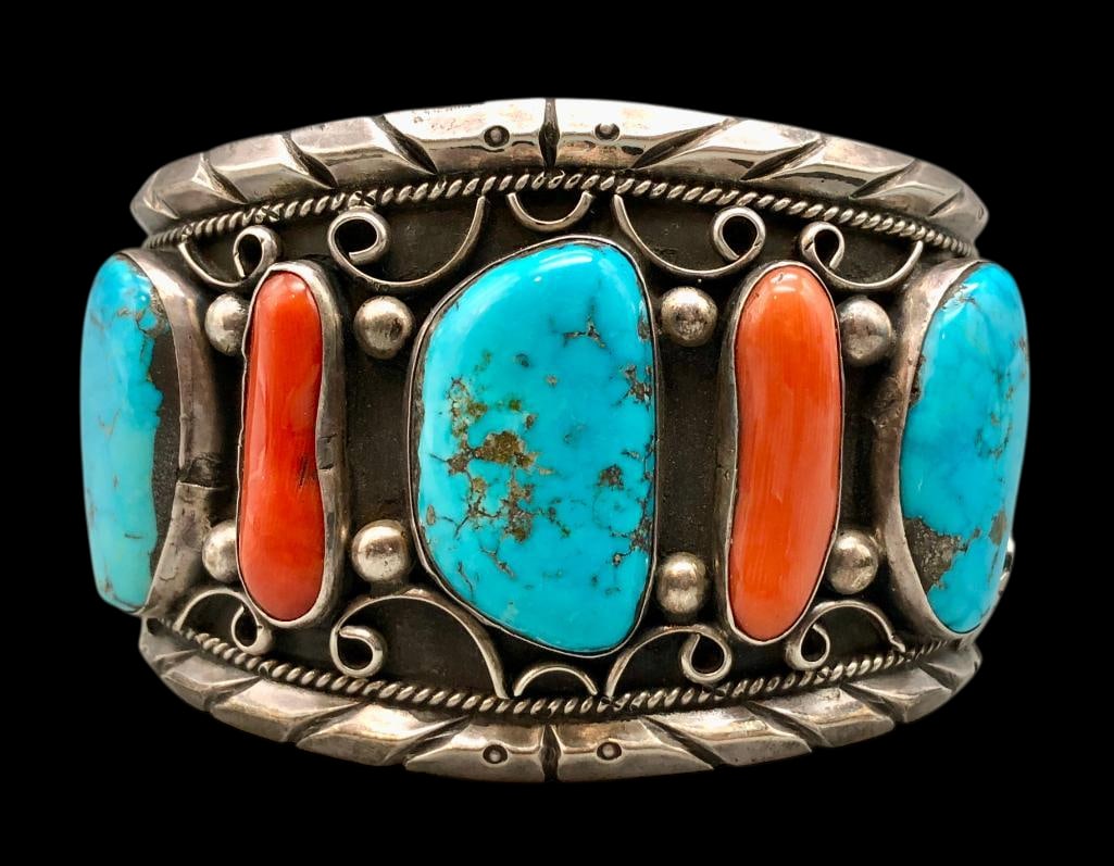 Statement Turquoise, Coral And Sterling Silver Cuff Bracelet (1 of 9)