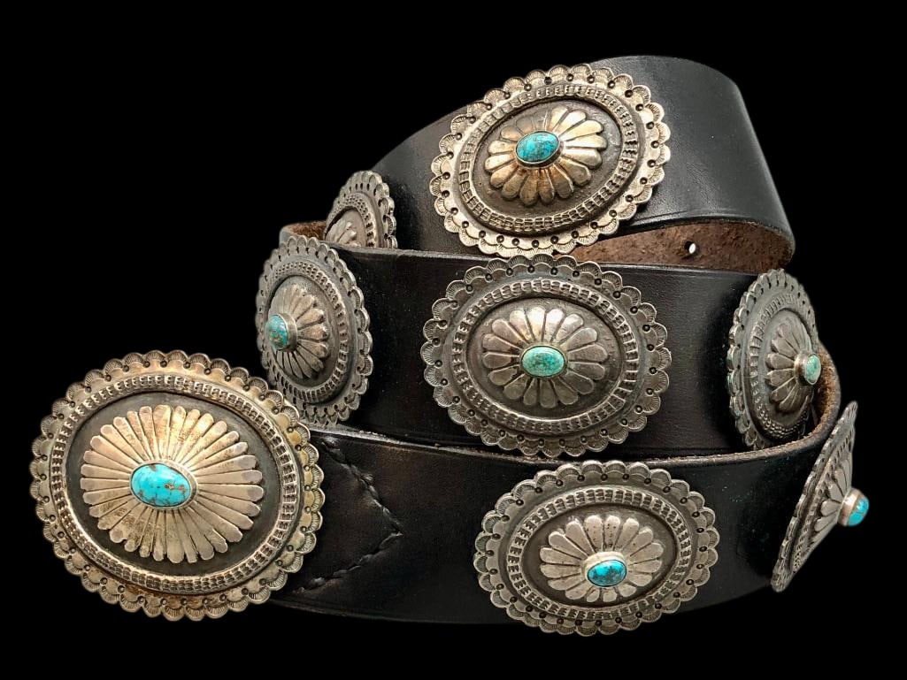 Sterling Silver And Turquoise Concho Belt By Larry Martinez: Presented here for your consideration is a sterling silver and turquoise concho belt by Larry Martinez. This belt features 12 oval conchos and a matching buckle each highlighted with a turquoise caboc