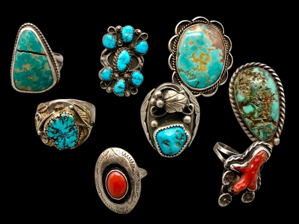 Eight Vintage Sterling Silver And Turquoise/Coral Rings (1 of 12)