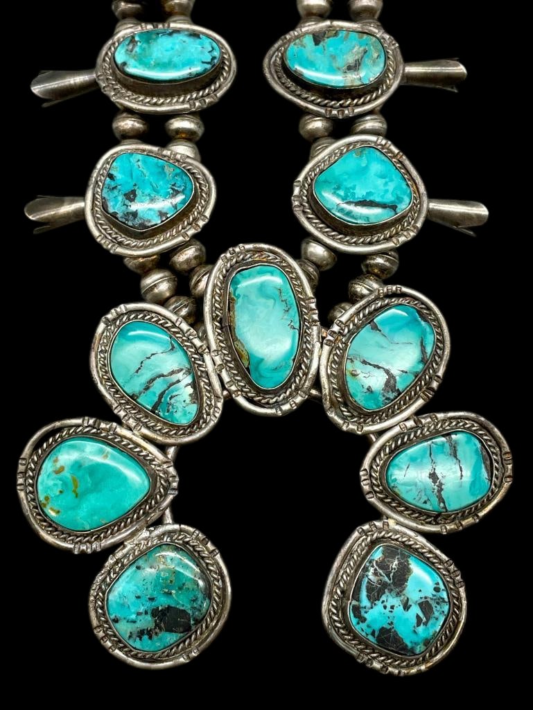 Vintage Turquoise And Sterling Silver Squash Blossom Necklace (1 of 17)