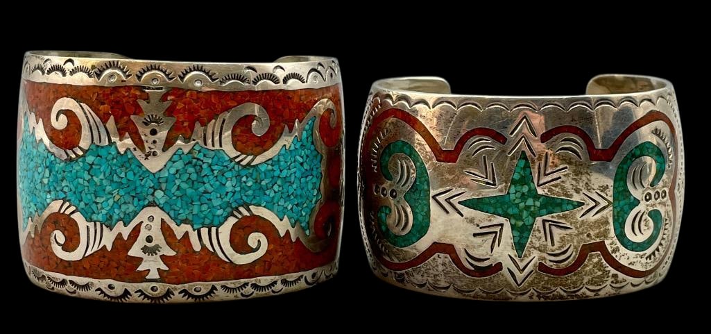 Two Vintage Turquoise And Coral Chip Inlay Bracelets By Gilbert Ortega Shop And William Singer (1 of 14)