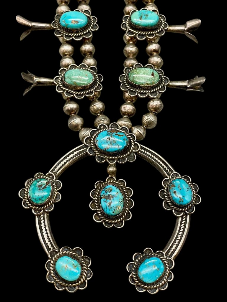 Vintage Turquoise And Sterling Silver Squash Blossom Necklace (1 of 17)