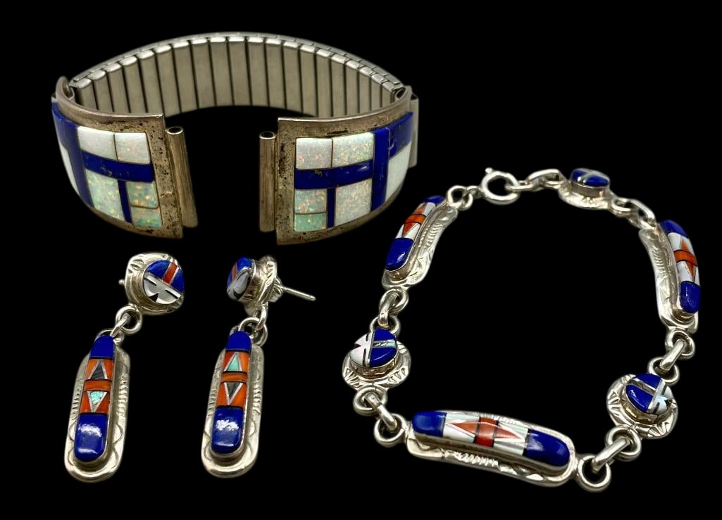 Sterling Silver And Multi Stone Inlay Watch Tips With Link Bracelet And Earrings (1 of 11)