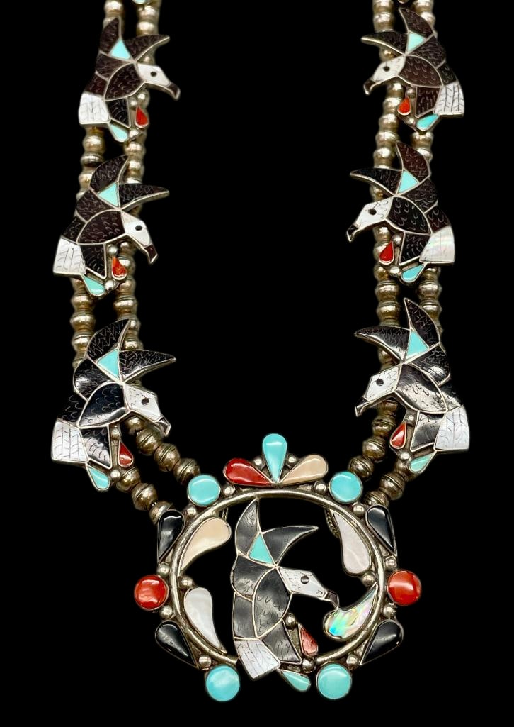 Zuni Multi Stone Inlay Eagle Themed Squash Blossom Necklace By Carlene C. Leekity (1 of 19)
