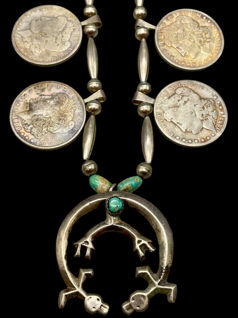 Sterling Silver Turquoise, Morgan Dollar And Rainbow Man Theme Necklace: For your bidding enjoyment we present a sterling silver turquoise, Morgan Dollar and Rainbow Man themed necklace. This piece features a naja highlighted with a Rainbow Man design and a turquoise caboc