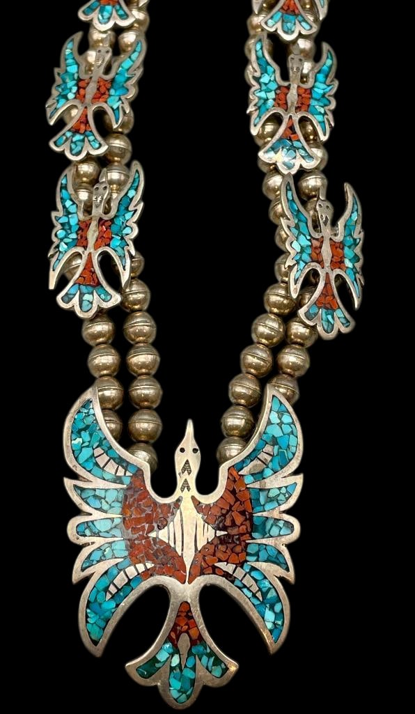 Vintage Turquoise And Coral Peyote Bird Squash Blossom Necklace (1 of 17)