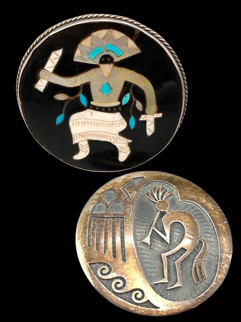 Two Zuni Sterling Silver Pin And Pin/Pendant: Offered here for your consideration are a sterling silver pin and pin/pendant. The pin features an overlay style design depicting a Kokopelli figure and a rain cloud on a darkened silver background. T