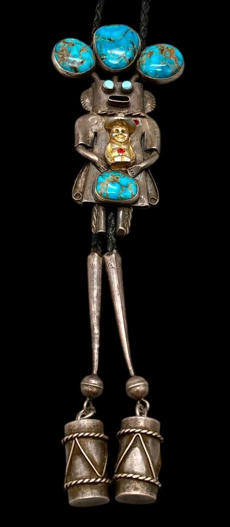 Turquoise And Sterling Silver Kachina Theme Bolo By Bill Irving Circa 1980 (1 of 16)