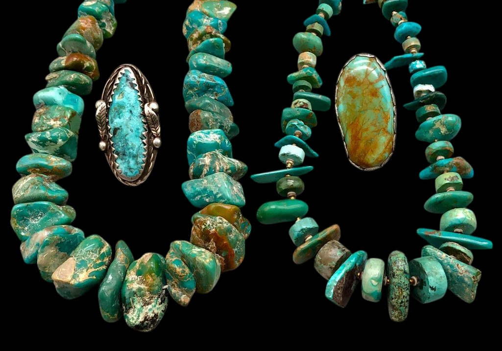 Two Chunky Sterling Silver & Turquoise Necklaces With Two Turquoise & Sterling Silver Rings: Offered here for your consideration are two chunky sterling silver and turquoise necklaces with two turquoise and sterling silver rings. The necklaces both feature turquoise nuggets in graduated sizes