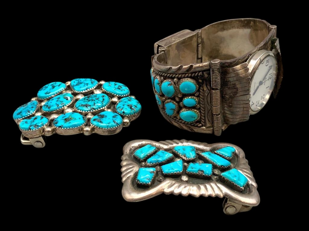 Sterling Silver And Cluster Turquoise Watch Bracelet With Two Buckles (1 of 12)