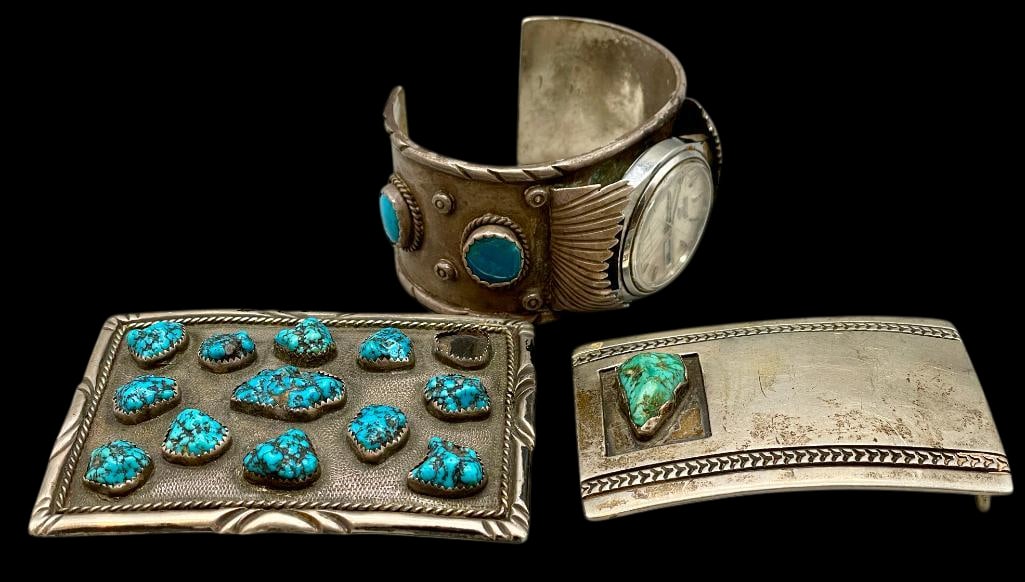 Sterling Silver And Turquoise Watch Cuff With Two Buckles (1 of 12)