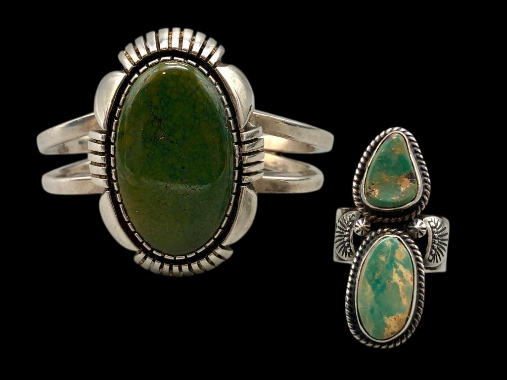 Sterling Silver And Green Turquoise Bracelet With A Green Turquoise Ring (1 of 11)