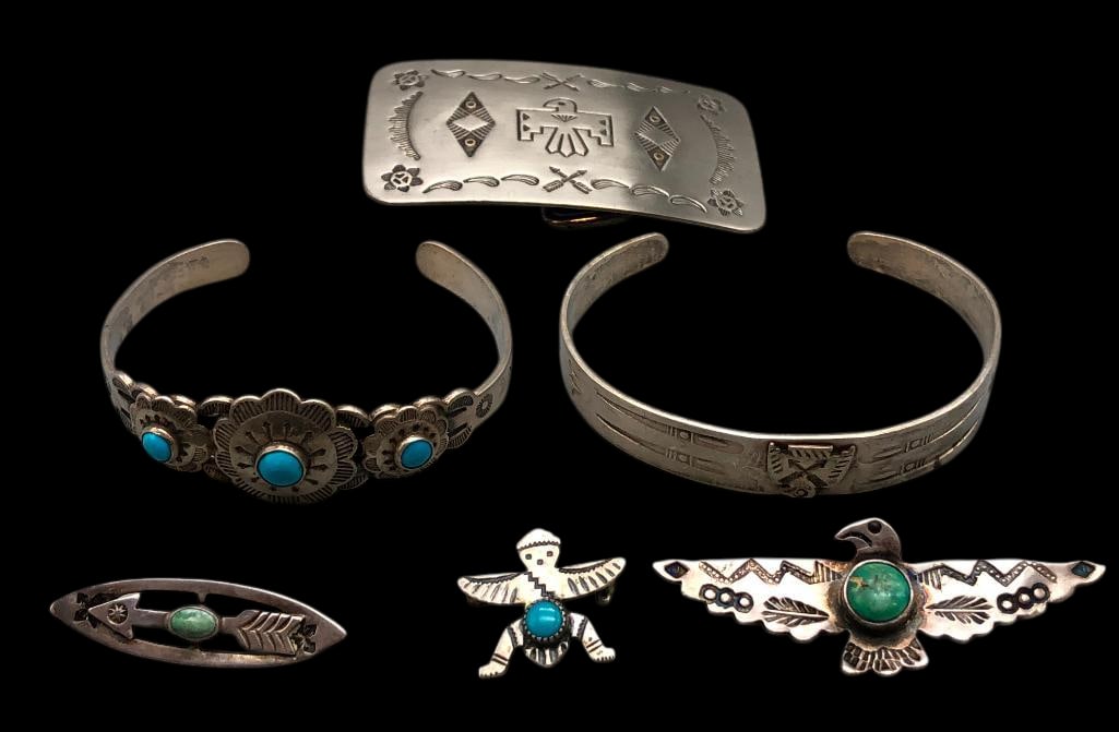 Group of Fred Harvey Items Two Bracelets, Three Pins And A Nickle Silver Buckle (1 of 11)