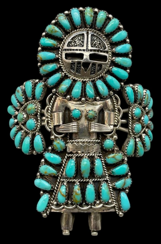 Sterling Silver And Turquoise Kachina Bracelet By Larry M Begay: Presented here for your consideration is a vintage sterling silver and turquoise Kachina bracelet by Larry M. Begay. This figural design is highlighted with turquoise cabochons set in sawtooth silver